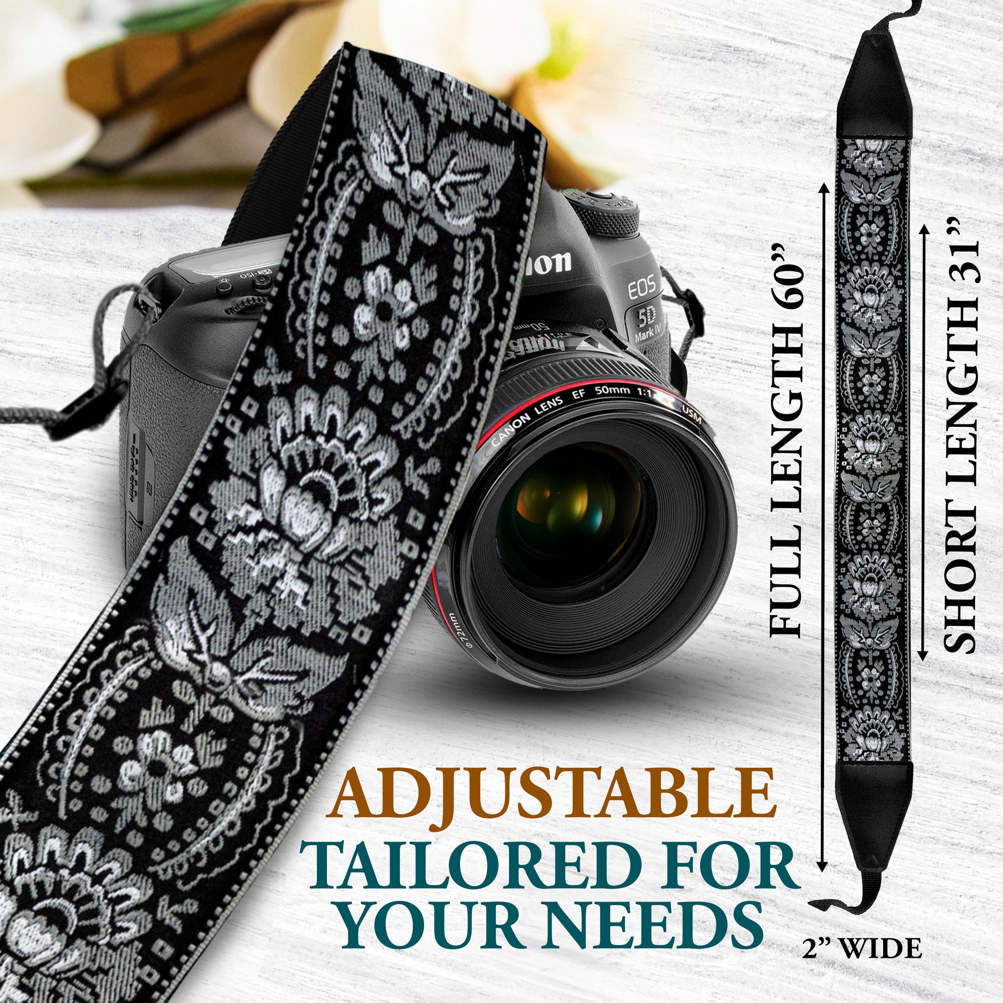 Silver Black Woven Camera Strap - Adjustable Classic , Best Gift for Photographers