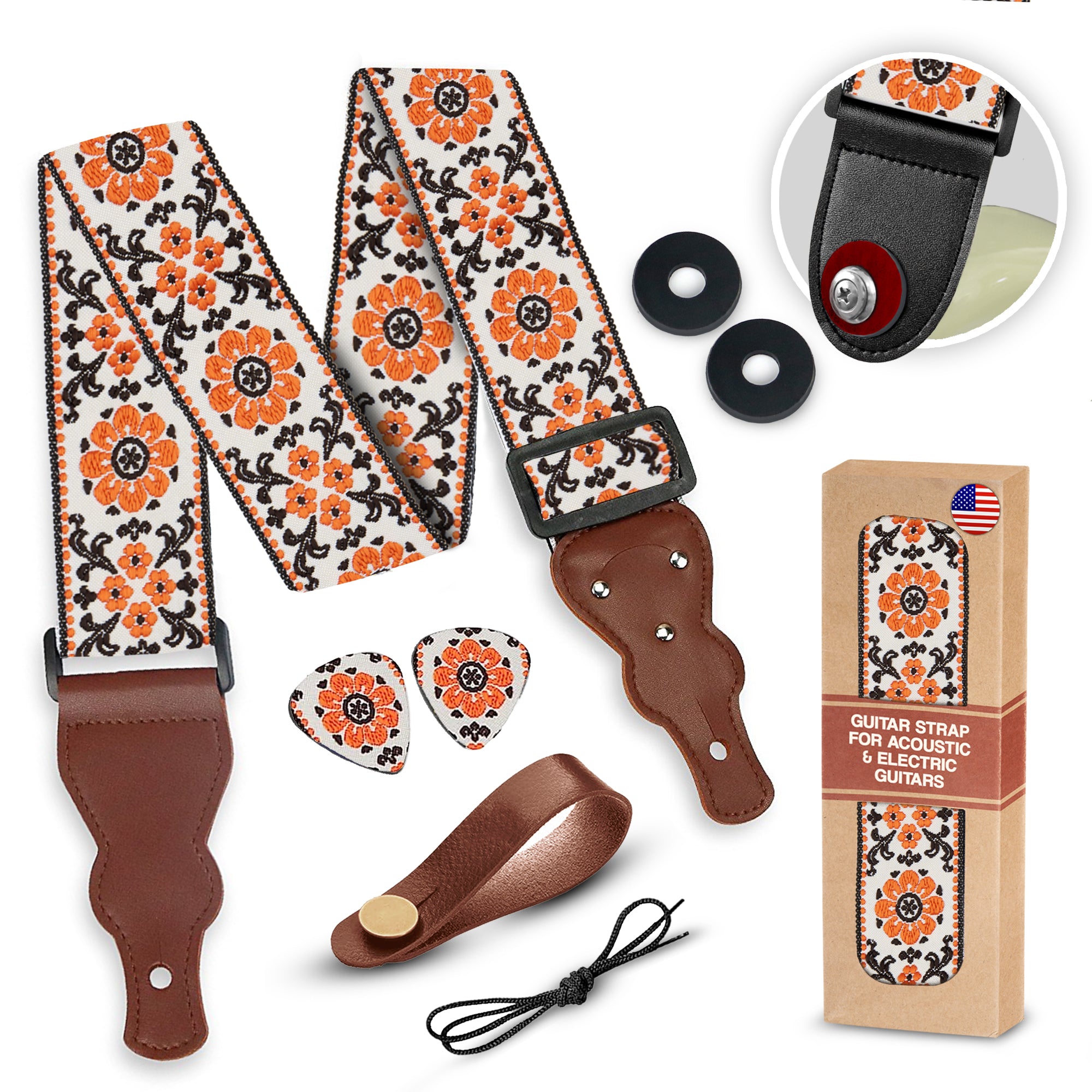 Orange White Flowers Woven Guitar Strap -Adjustable guitar strap, Suitable for acoustic, electric and bass guitars