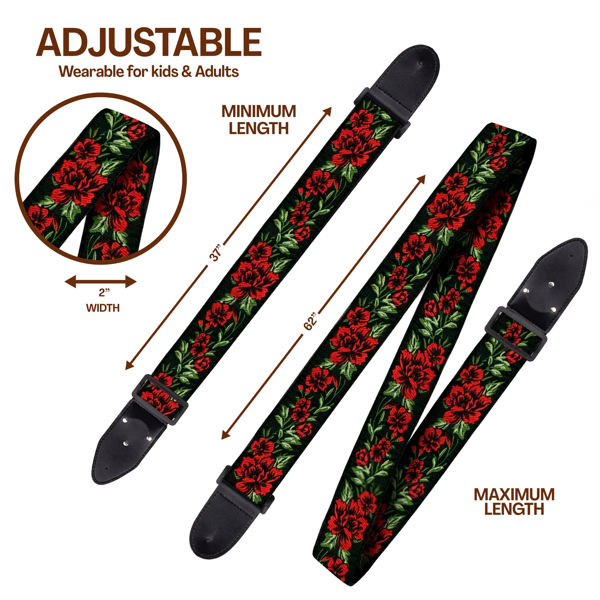 Red Roses Guitar Strap - Guitar player Gift for Men and Women, Woven Floral Guitar Strap