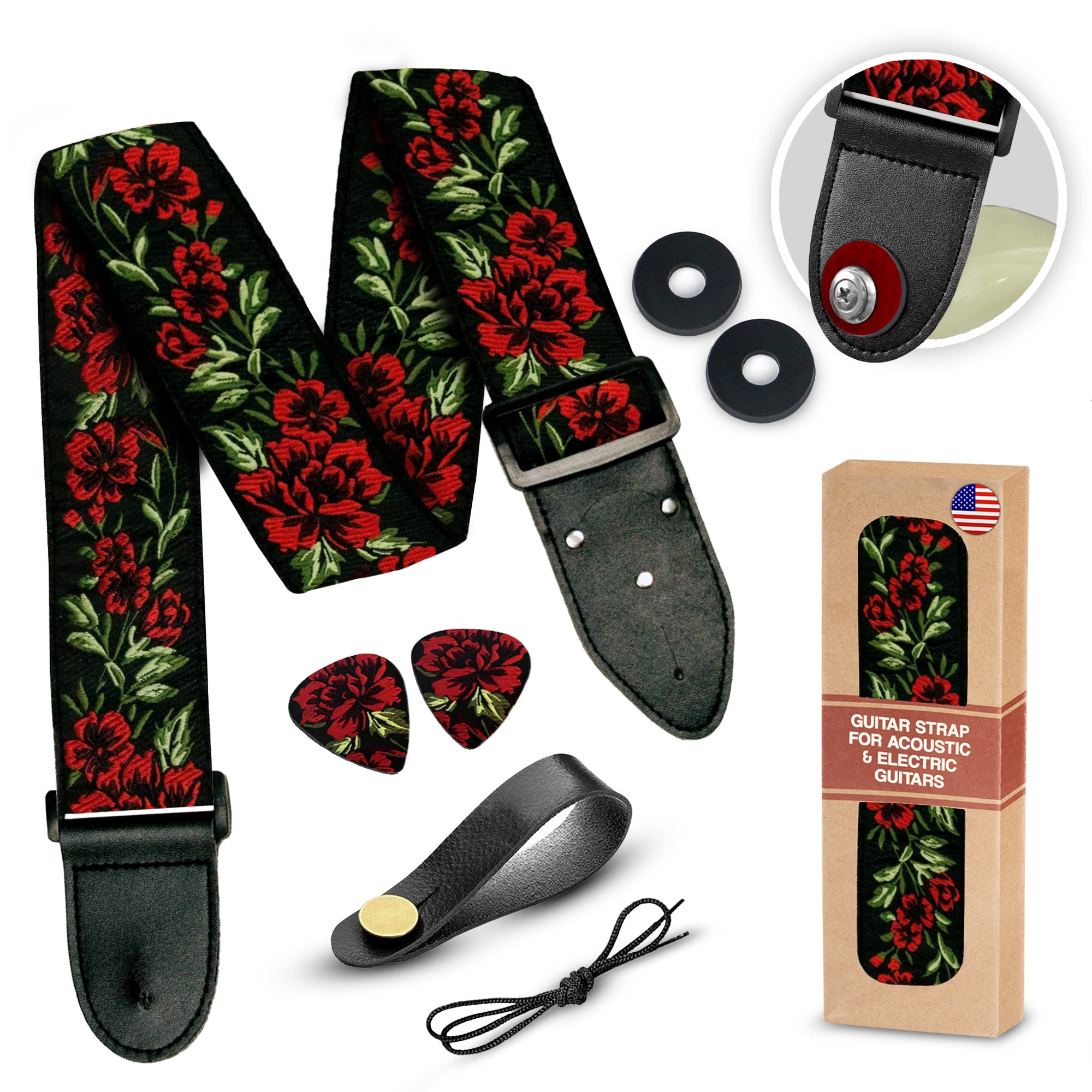 Red Roses Guitar Strap - Guitar player Gift for Men and Women, Woven Floral Guitar Strap