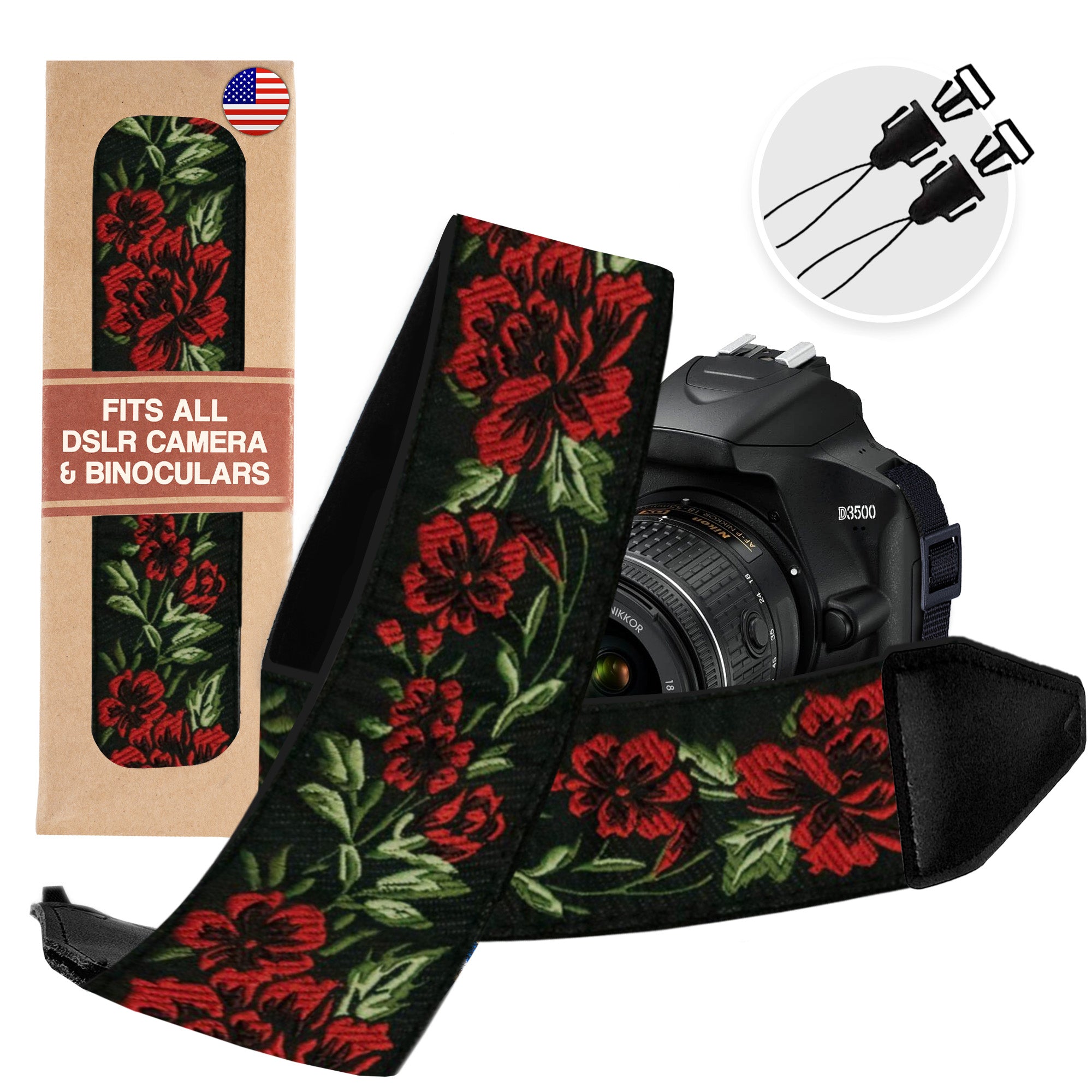 Red Roses Camera Strap | photographer vegan embroidered camera strap gift