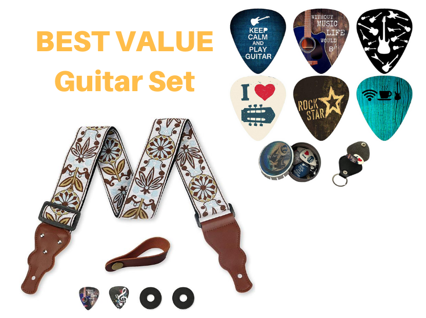 Cool Gift Guitar Set - Vintage Woven Guitar Strap + 12 Unique Guitar Picks - Art Tributes