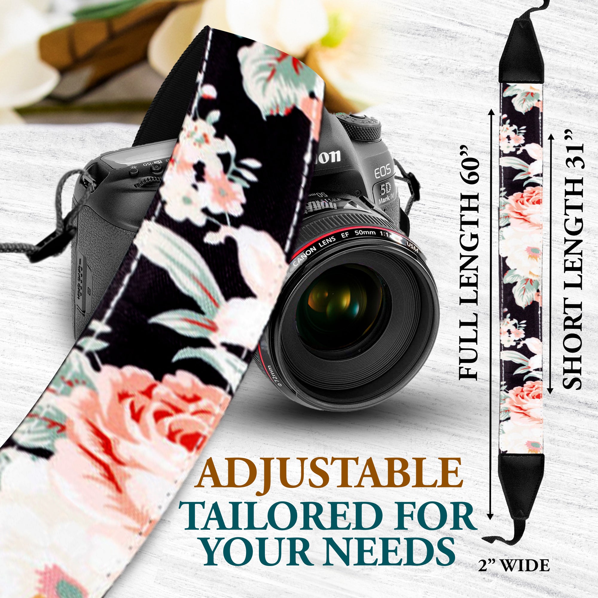 Black Flower Camera strap for Canon, Nikon and Sony SLR and DSLE camera