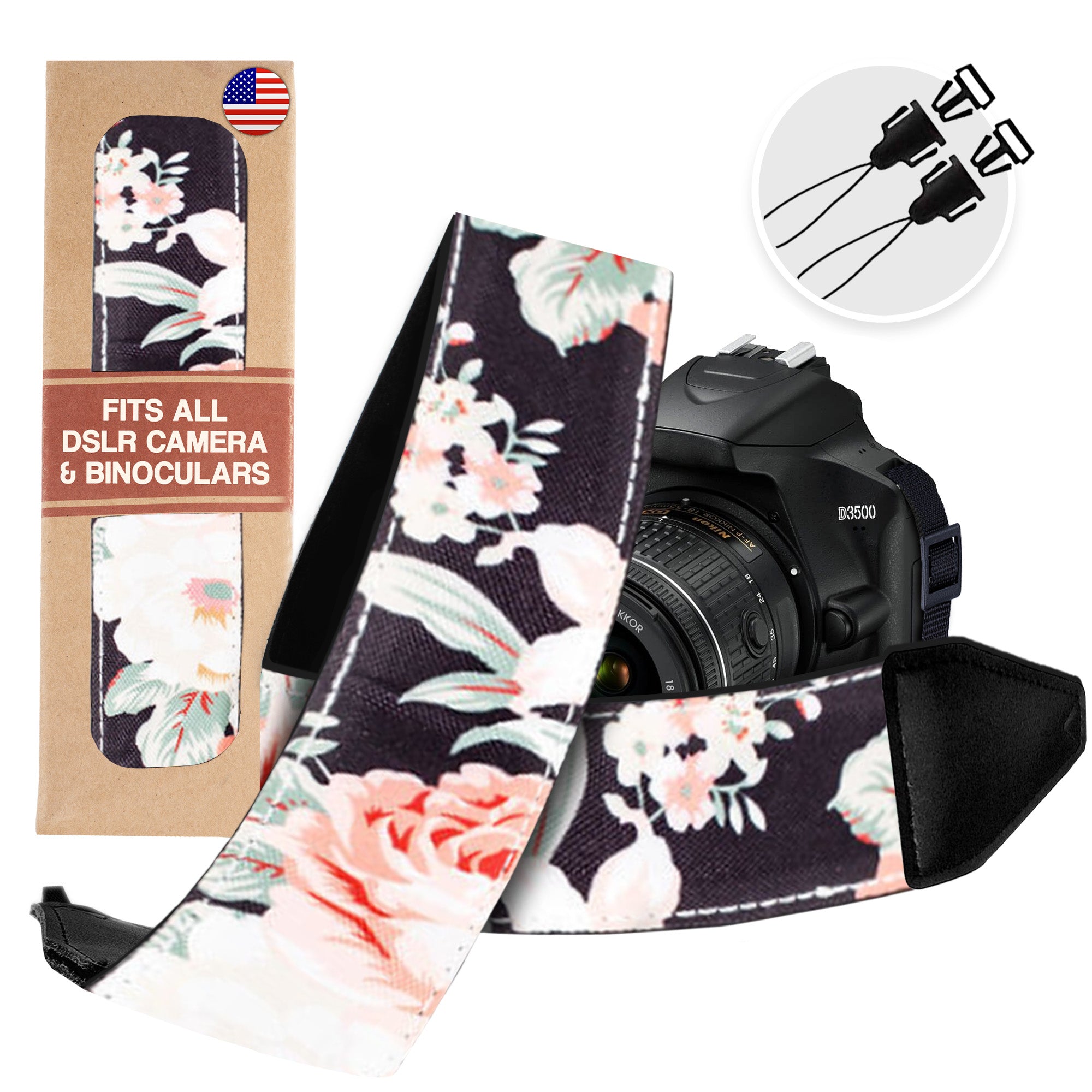 Black Flower Camera strap for Canon, Nikon and Sony SLR and DSLE camera