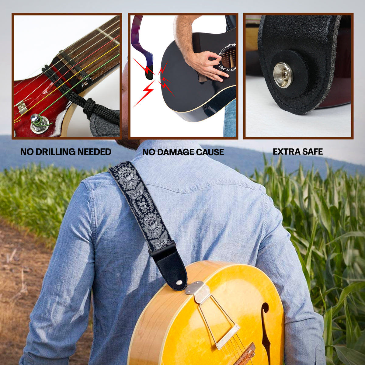 Silver Black Woven Guitar Strap -Adjustable guitar strap, Suitable for acoustic, electric and bass guitars