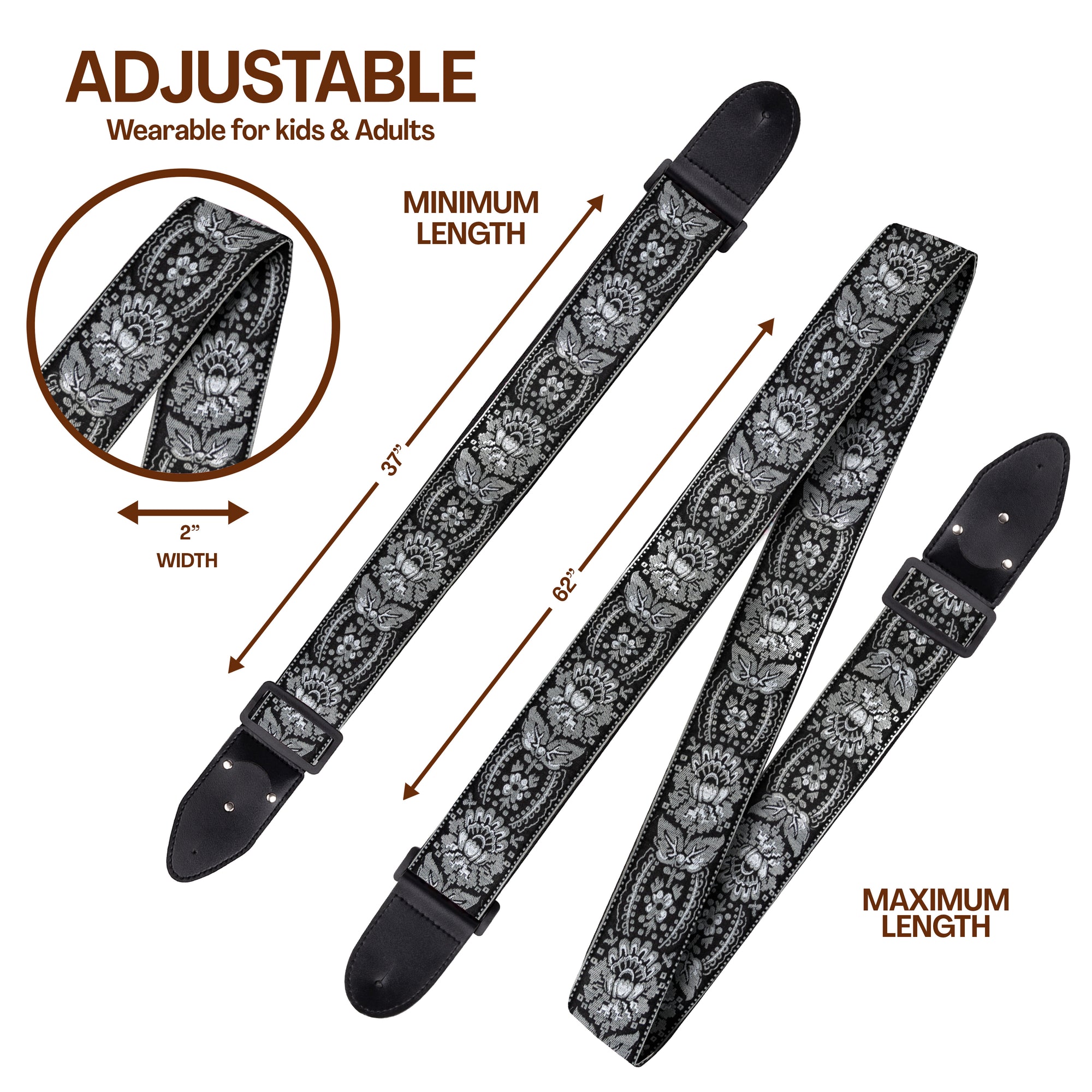 Silver Black Woven Guitar Strap -Adjustable guitar strap, Suitable for acoustic, electric and bass guitars