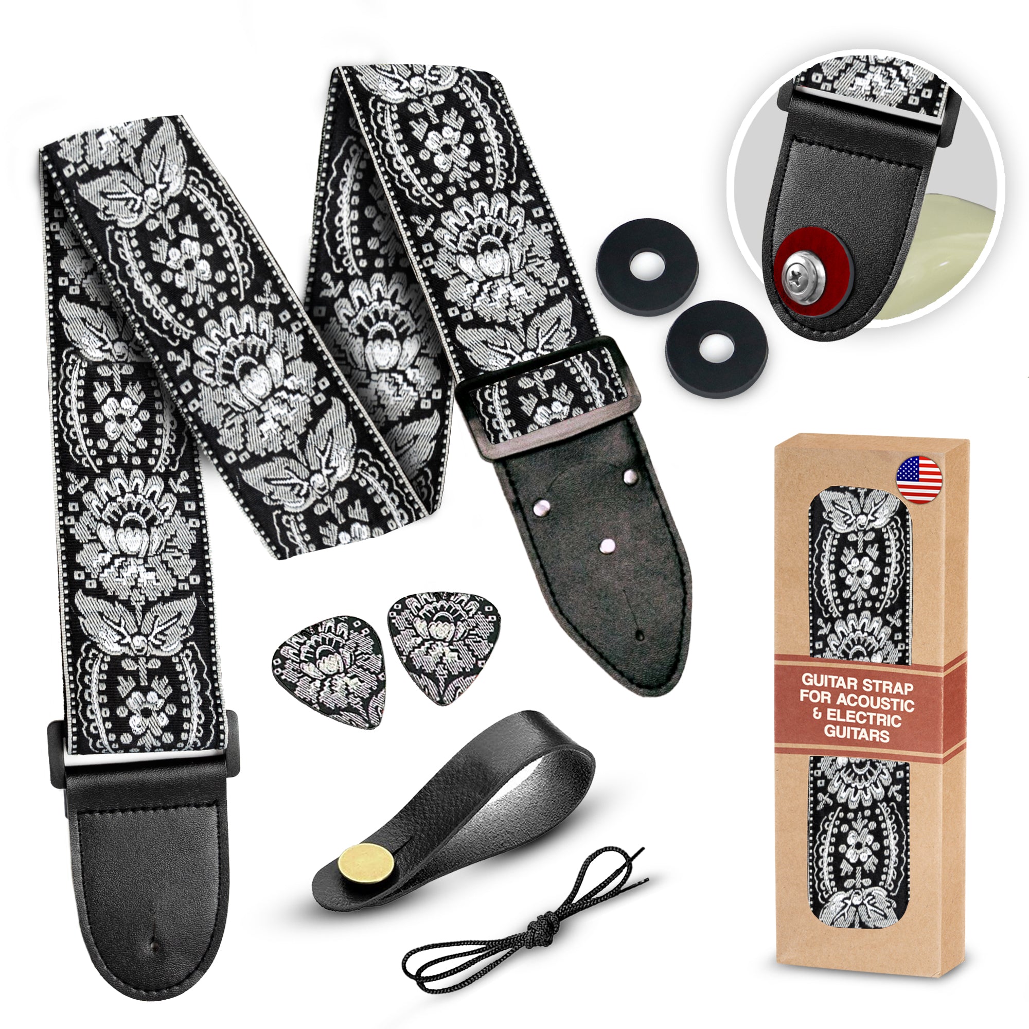 Silver Black Woven Guitar Strap -Adjustable guitar strap, Suitable for acoustic, electric and bass guitars