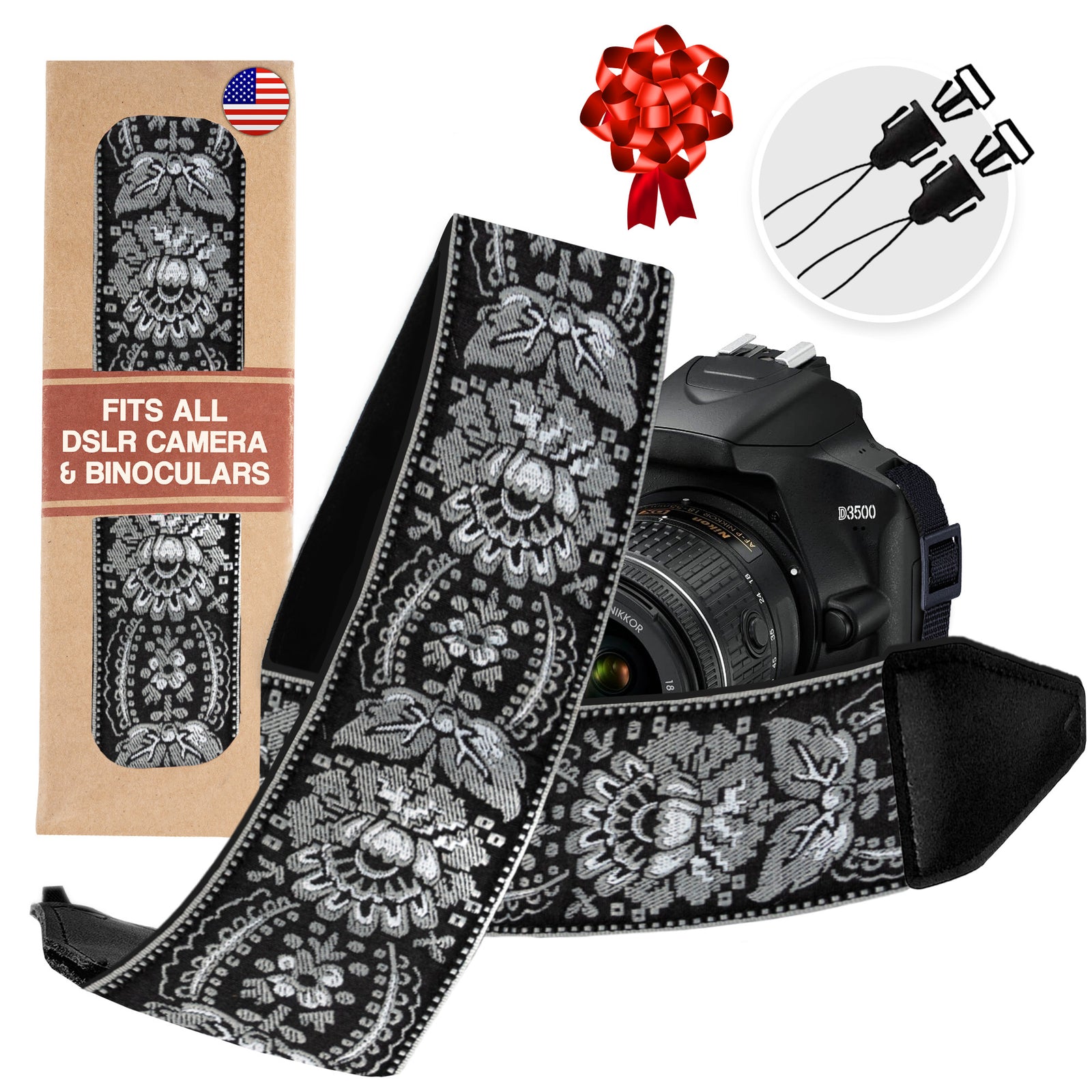 Silver Black Woven Camera Strap - Adjustable Classic , Best Gift for Photographers