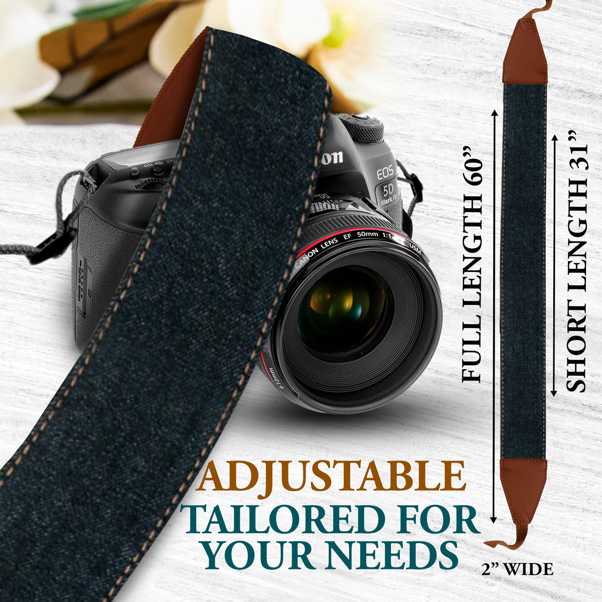 Denim Jeans Camera Strap - Padded denim vegan leather camera strap for men and women photographers