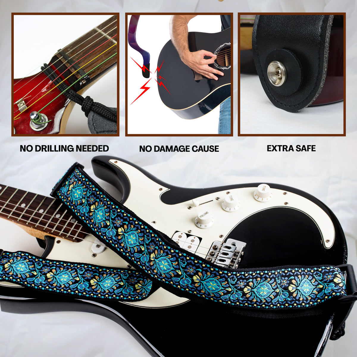 2 Vintage Woven Guitar Straps- Blue Woven &amp; Red Woven- Best Seller Gift Set for Guitar Players
