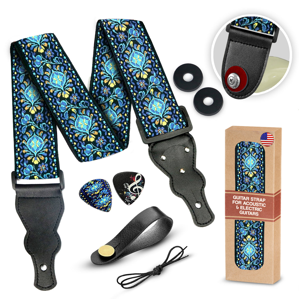 The SAPPHIRE Guitar Strap - Adjustable Guitar Strap for Acoustic, Electric and Bass Guitar