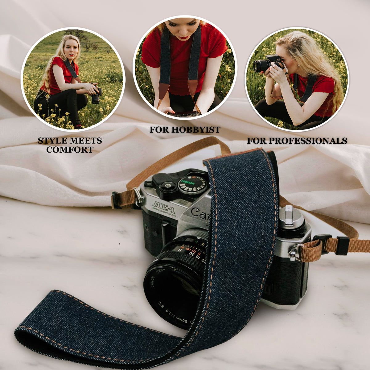 Denim Jeans Camera Strap - Padded denim vegan leather camera strap for men and women photographers