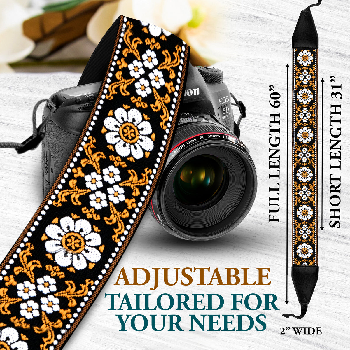 Brown White Flowers  Camera Strap - Adjustable Classic Camera Strap , Best Gift for Photographers