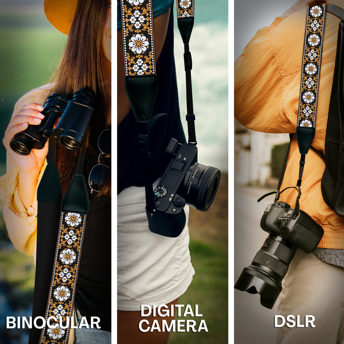 Brown White Flowers  Camera Strap - Adjustable Classic Camera Strap , Best Gift for Photographers