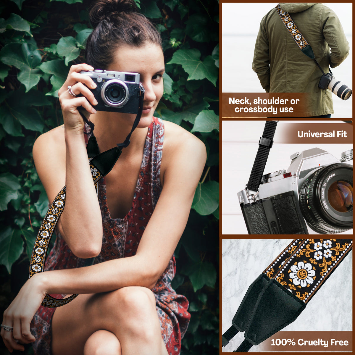 Brown White Flowers  Camera Strap - Adjustable Classic Camera Strap , Best Gift for Photographers