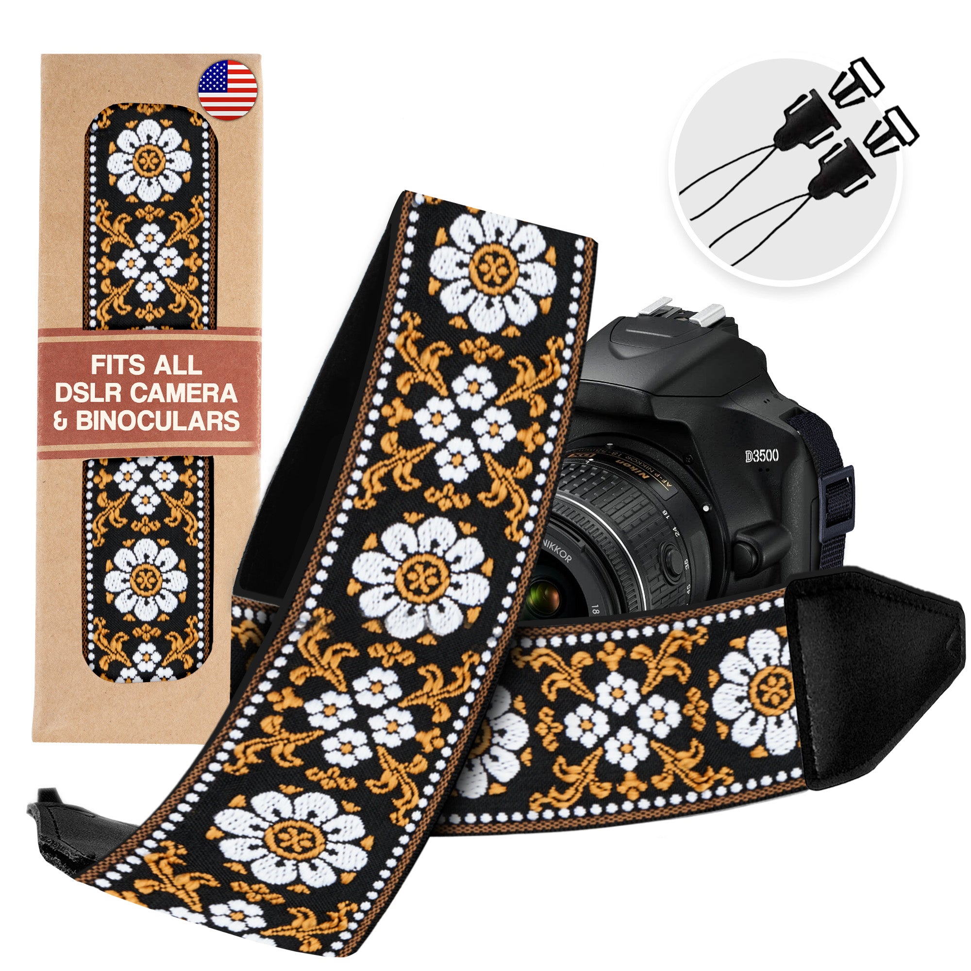 Brown White Flowers  Camera Strap - Adjustable Classic Camera Strap , Best Gift for Photographers
