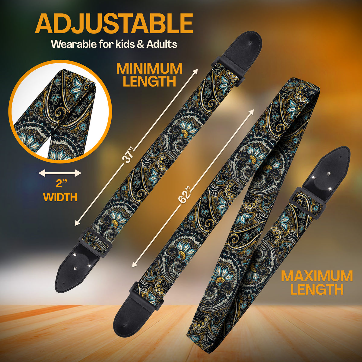 Guitar Strap Brown Gold Indian Nights - for Acoustic, Electric and Bass Guitars, Gift for Guitar Players and Musician