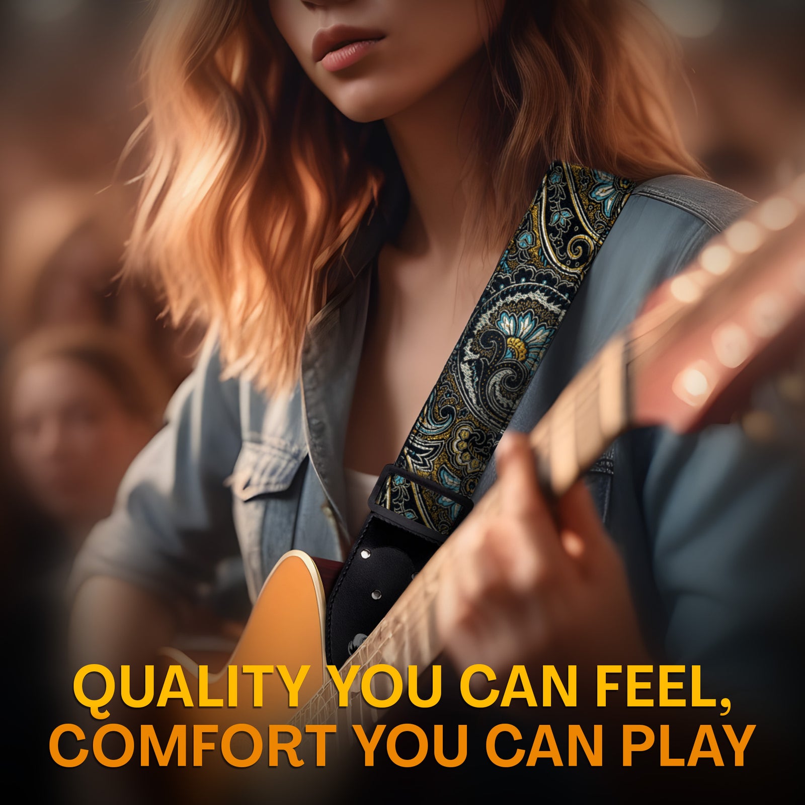 Guitar Strap Brown Gold Indian Nights - for Acoustic, Electric and Bass Guitars, Gift for Guitar Players and Musician