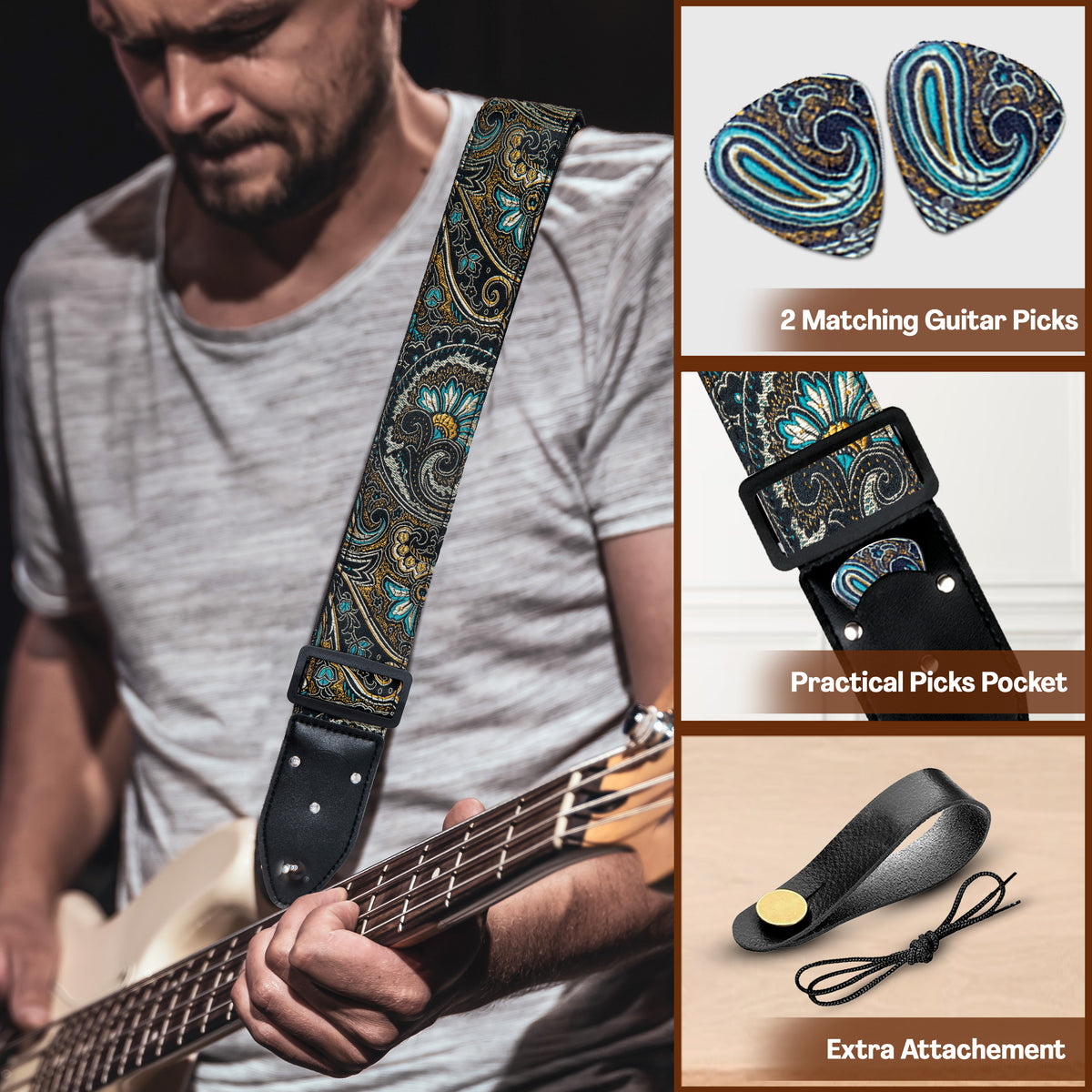 Guitar Strap Brown Gold Indian Nights - for Acoustic, Electric and Bass Guitars, Gift for Guitar Players and Musician