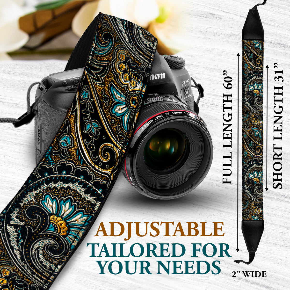 Indian Nights Camera Strap for Canon and Nikon -Brown Gold strap For DSLR camera - gift for photographers