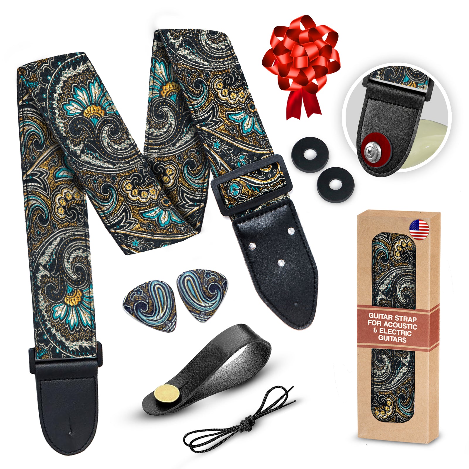 Guitar Strap Brown Gold Indian Nights - for Acoustic, Electric and Bass Guitars, Gift for Guitar Players and Musician