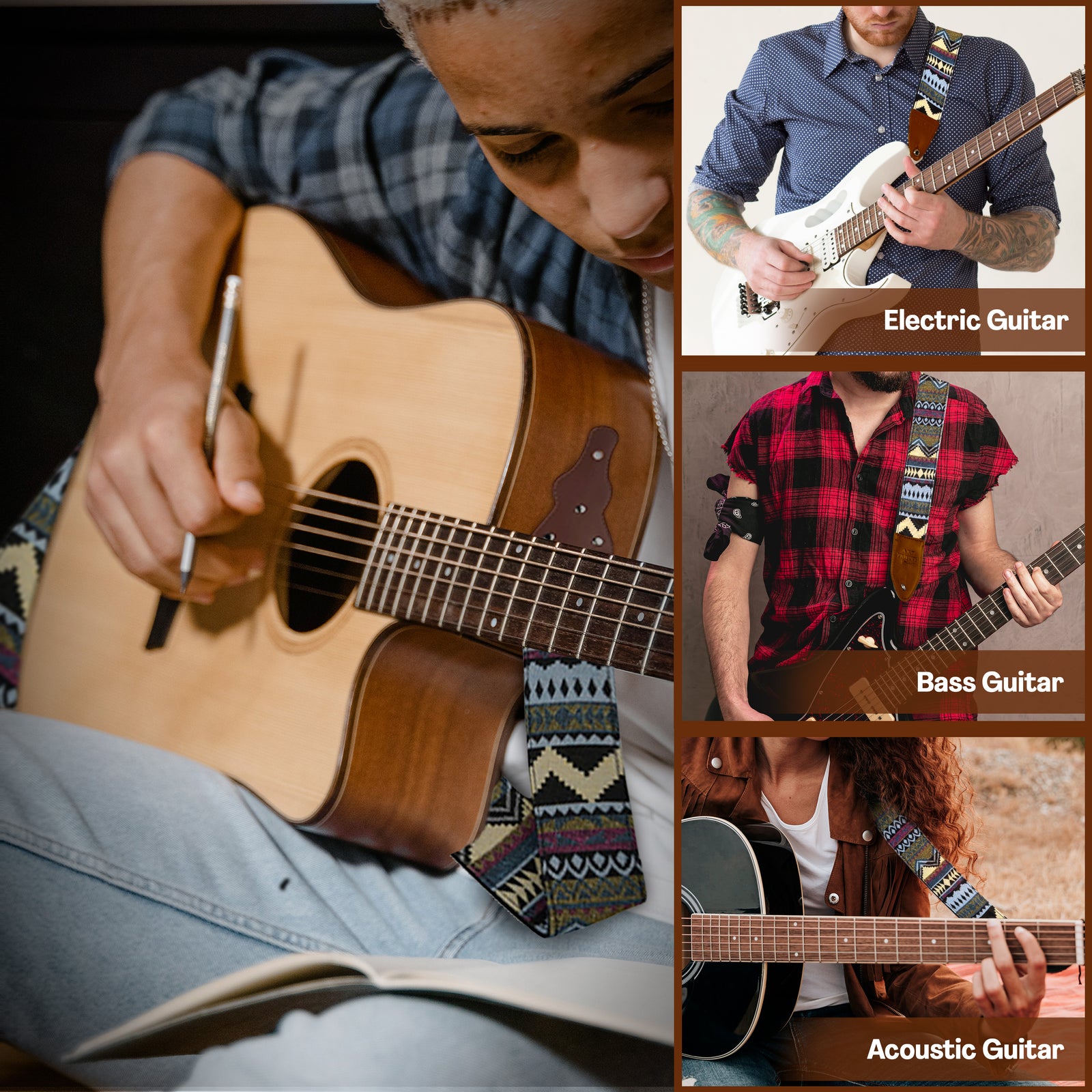 Multi Color Stripes Woven Guitar Strap -Adjustable guitar strap, Suitable for acoustic, electric and bass guitars