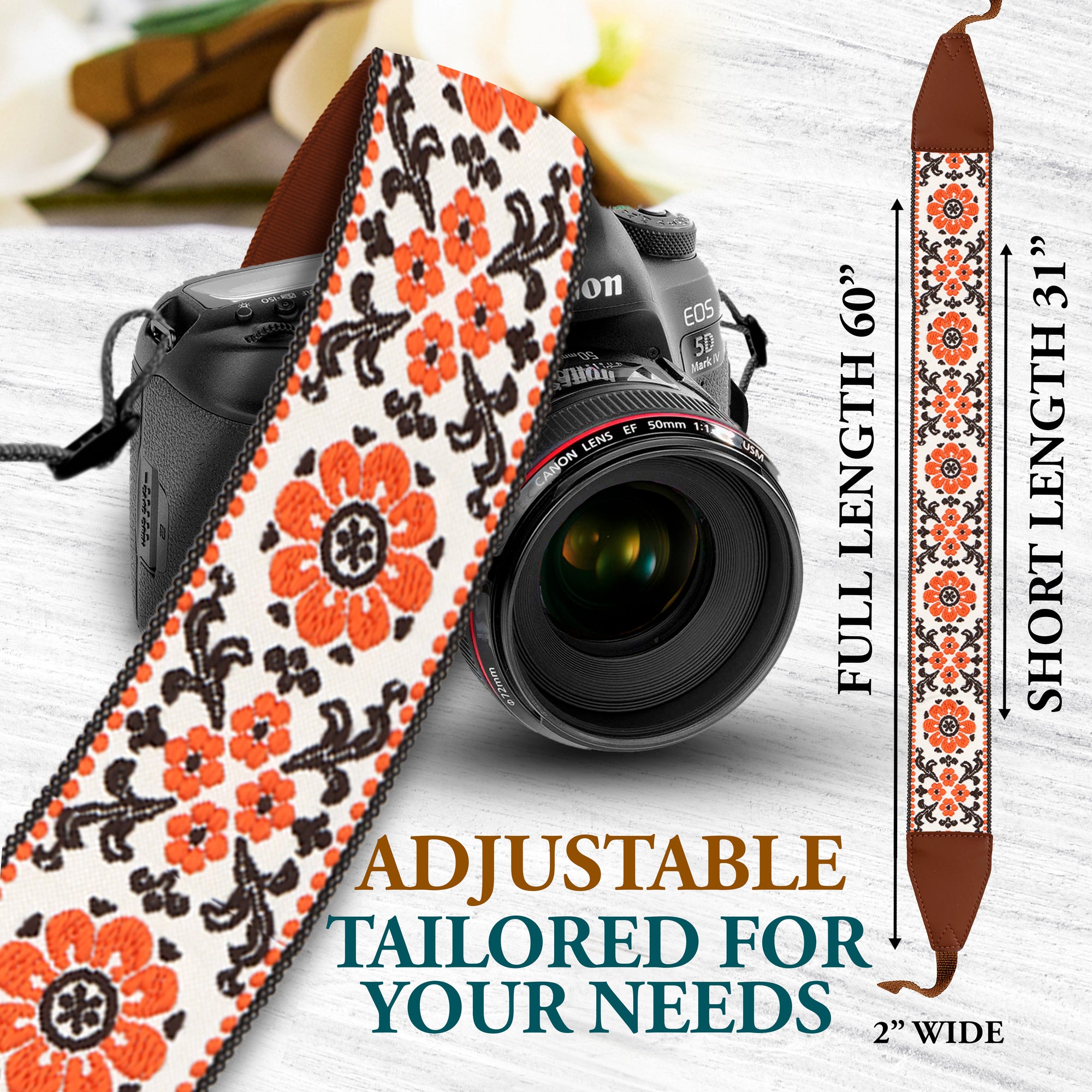 Orange Flowers  Camera Strap - Adjustable Classic Camera Strap , Best Gift for Photographers