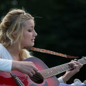 Orange White Flowers Woven Guitar Strap -Adjustable guitar strap, Suitable for acoustic, electric and bass guitars