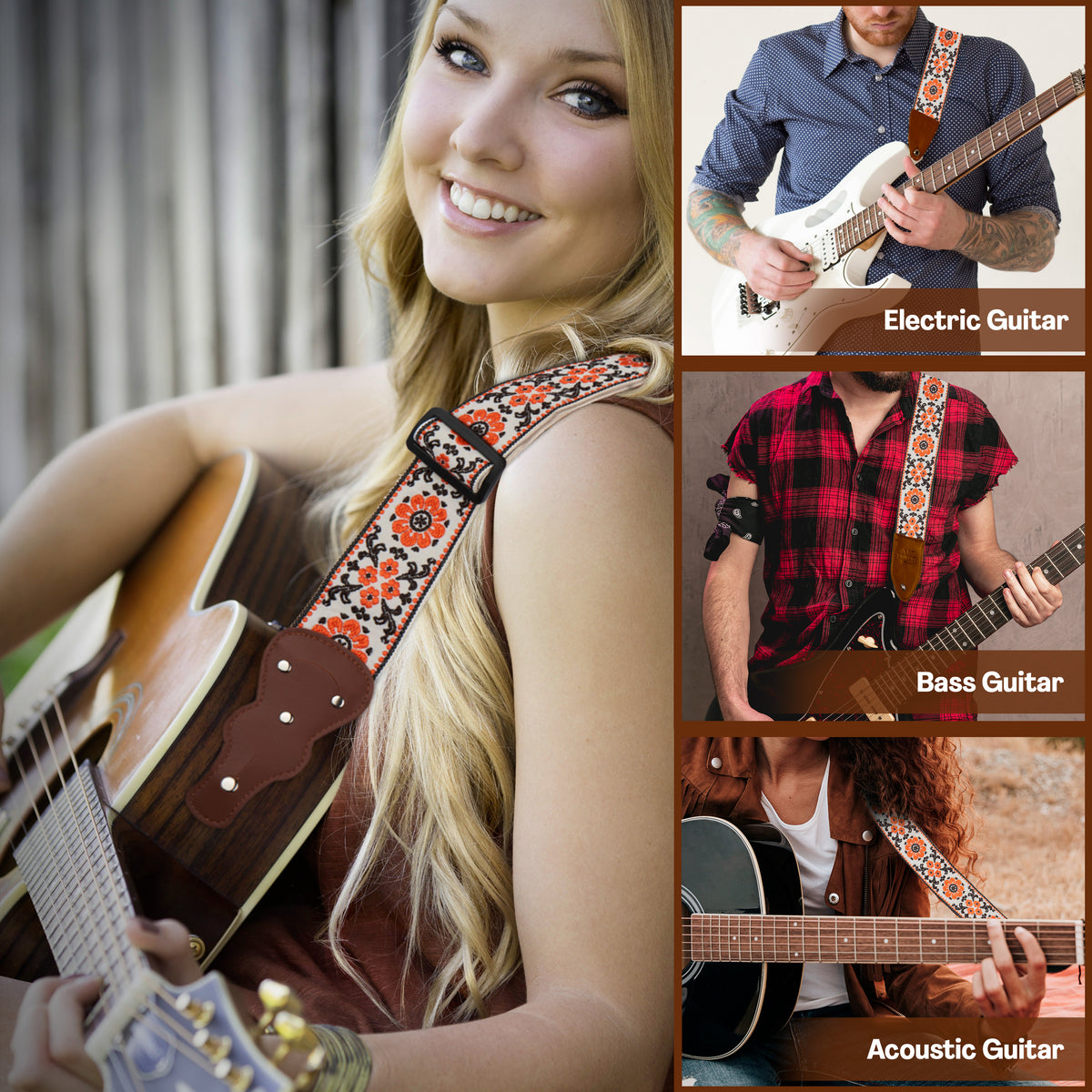 Orange White Flowers Woven Guitar Strap -Adjustable guitar strap, Suitable for acoustic, electric and bass guitars