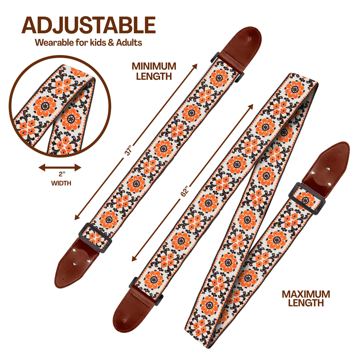 Orange White Flowers Woven Guitar Strap -Adjustable guitar strap, Suitable for acoustic, electric and bass guitars