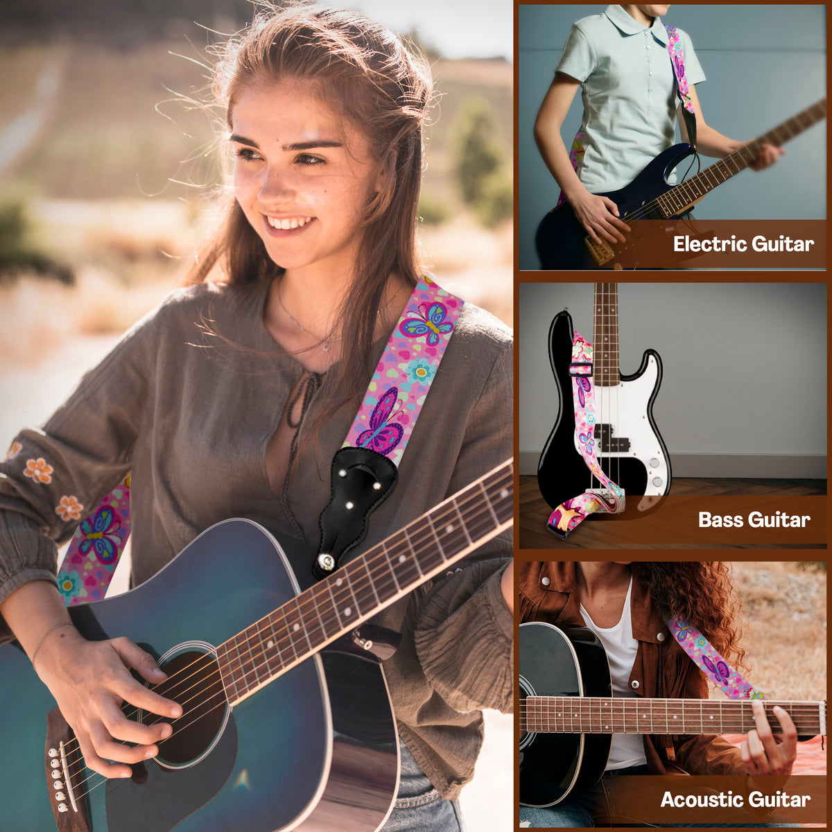 Girly Guitar Strap - Pink Guitar Strap for Kids &amp; Girls, Adjustable with 2 matching picks