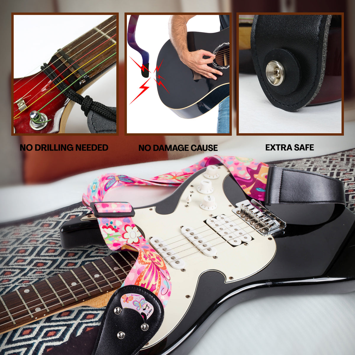 Girly Guitar Strap - Pink Guitar Strap for Kids &amp; Girls, Adjustable with 2 matching picks