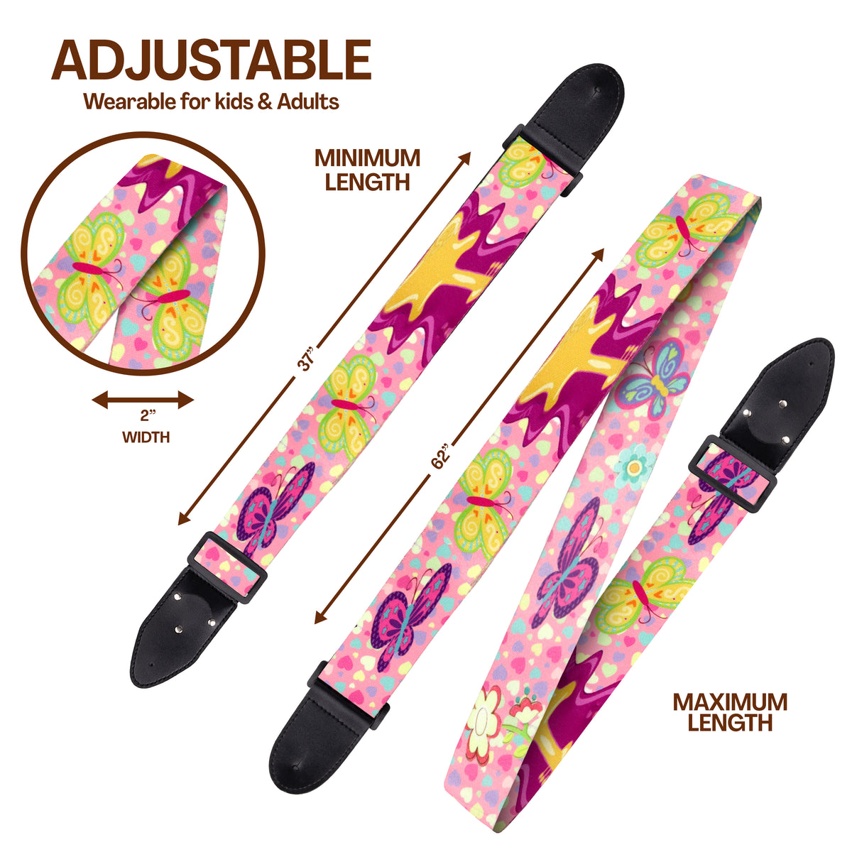 Girly Guitar Strap - Pink Guitar Strap for Kids &amp; Girls, Adjustable with 2 matching picks