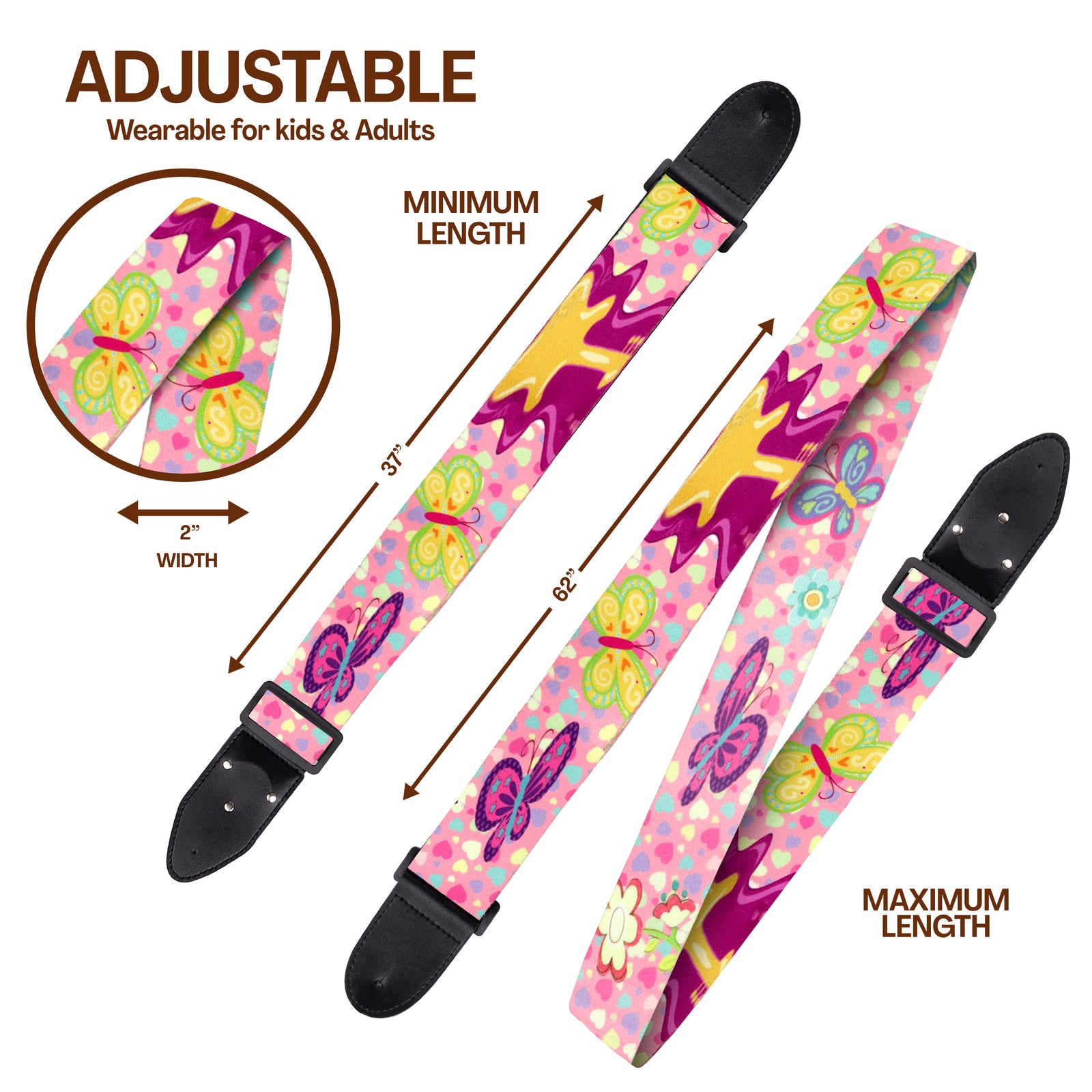 Girly Guitar Strap - Pink Guitar Strap for Kids & Girls, Adjustable with 2 matching picks