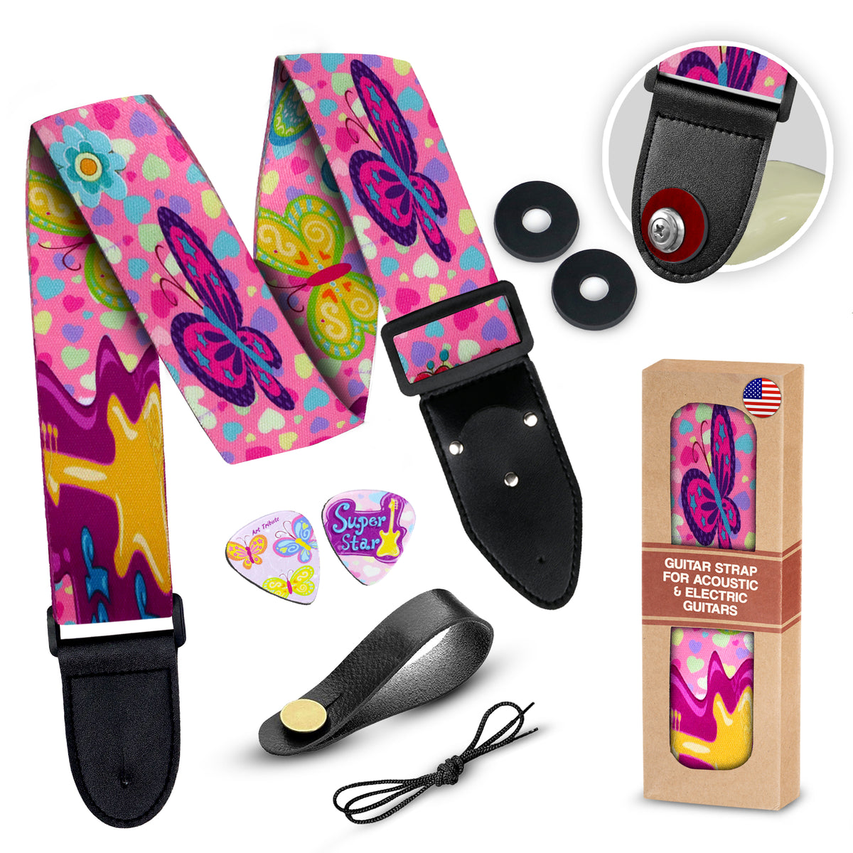 Girly Guitar Strap - Pink Guitar Strap for Kids &amp; Girls, Adjustable with 2 matching picks