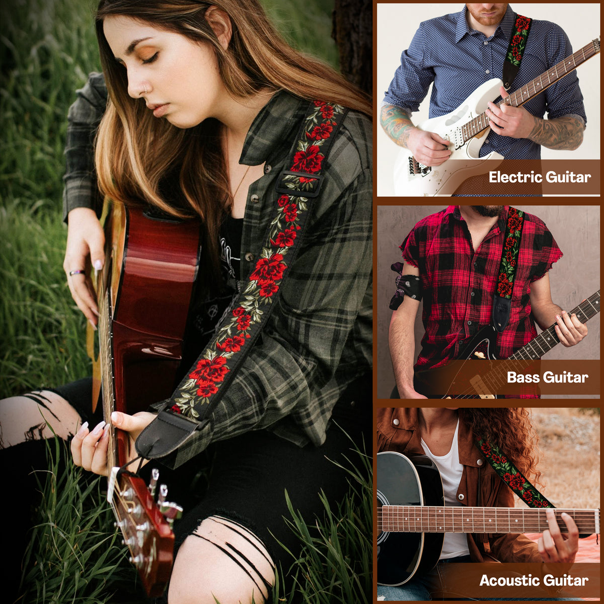 Red Roses Guitar Strap - Guitar player Gift for Men and Women, Woven Floral Guitar Strap