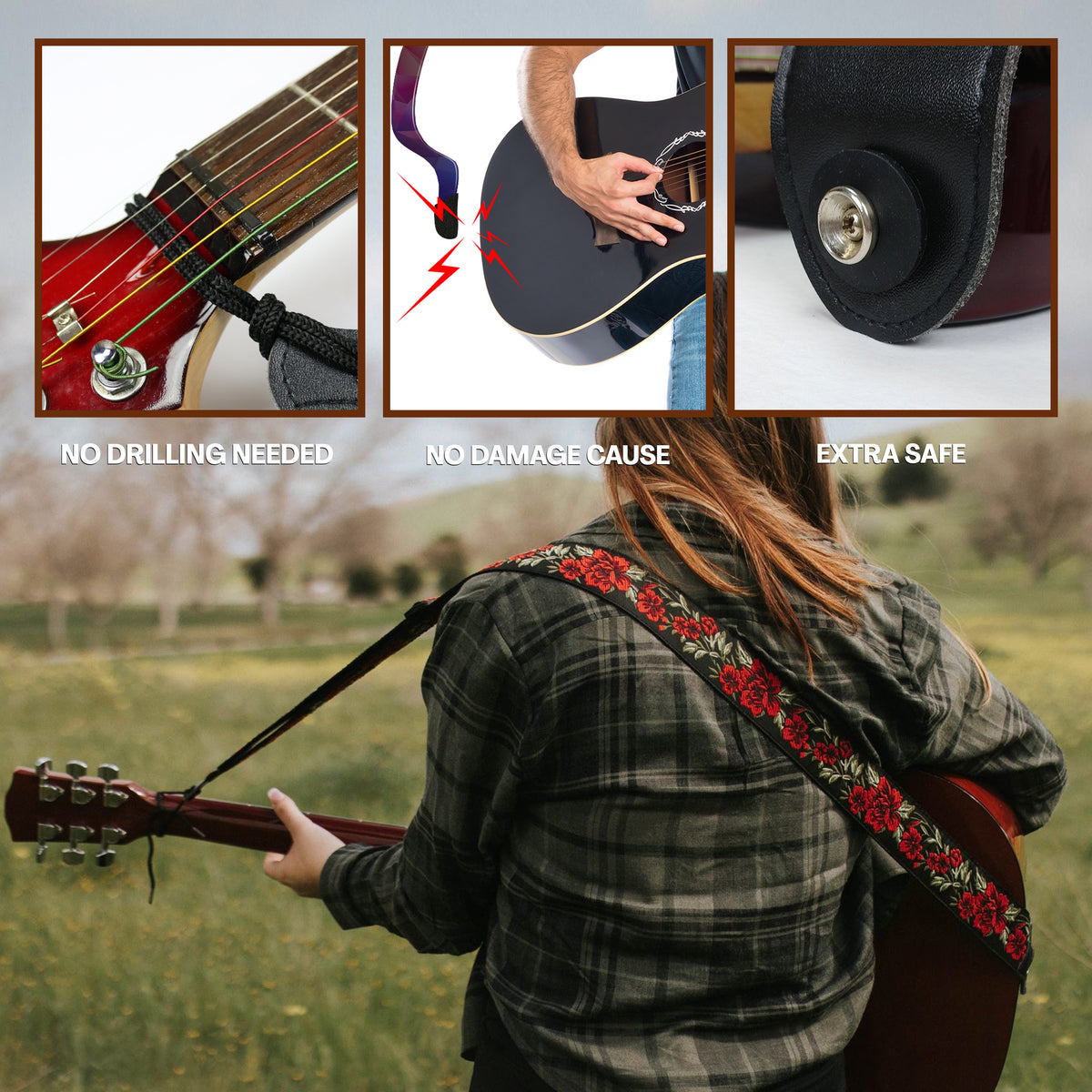 Red Roses Guitar Strap - Guitar player Gift for Men and Women, Woven Floral Guitar Strap