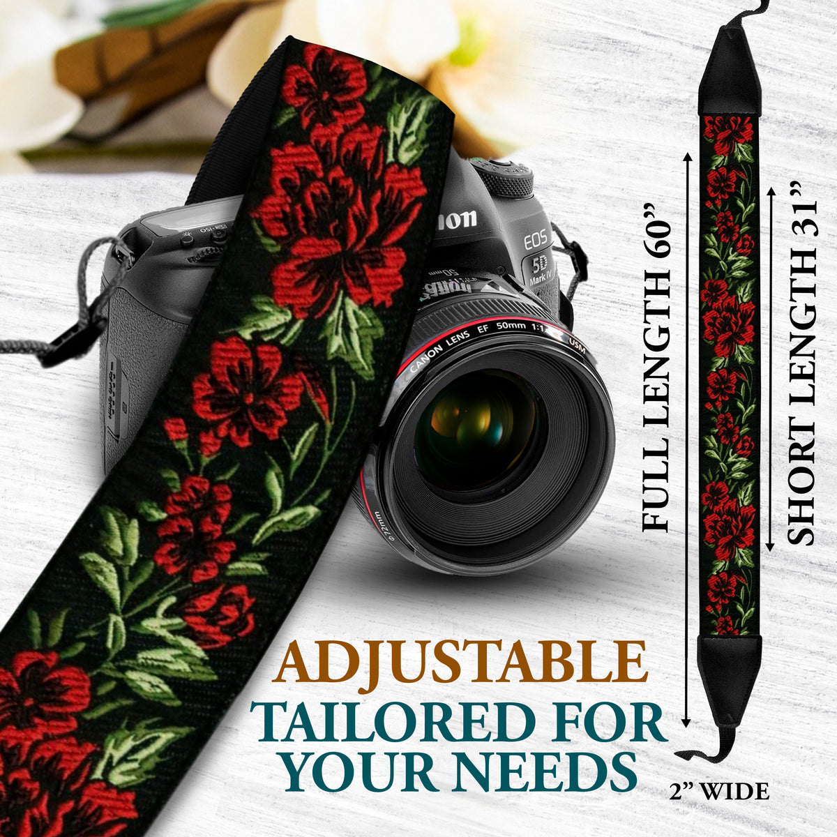Red Roses Camera Strap | photographer vegan embroidered camera strap gift