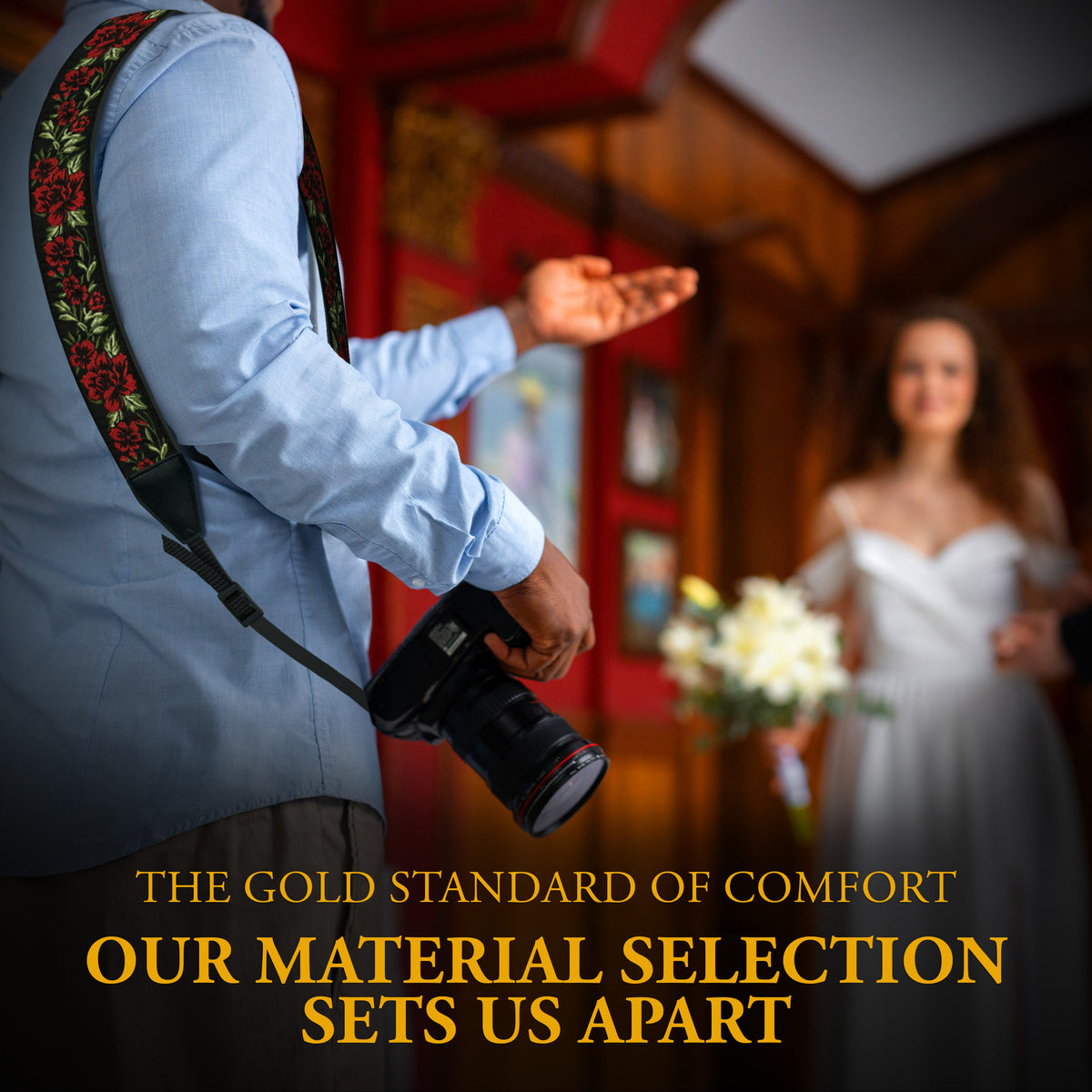 Red Roses Camera Strap | photographer vegan embroidered camera strap gift