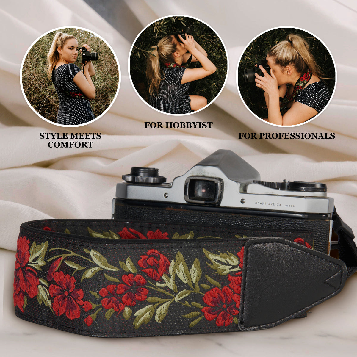 Red Roses Camera Strap | photographer vegan embroidered camera strap gift