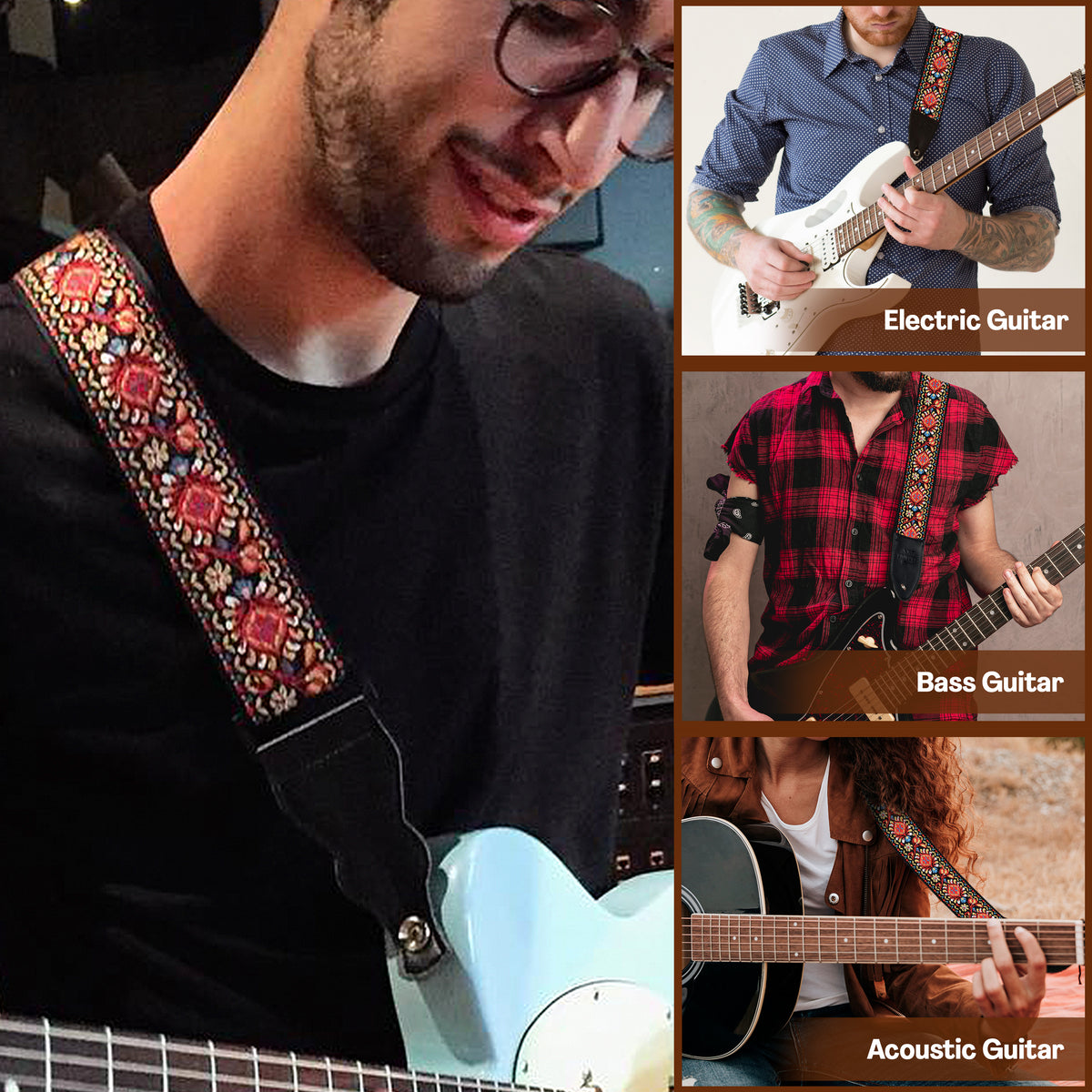 2  Hippie Guitar Straps - Red Woven &amp; White Woven - Best Gift for Guitar Players Men and Women