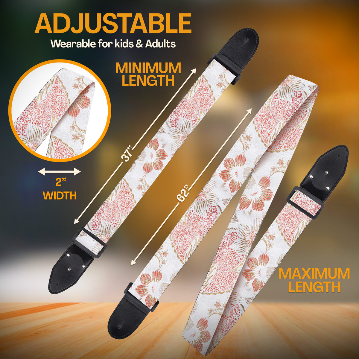 Guitar Strap Floral White Pink Tropical Sky - for Acoustic, Electric and Bass Guitars, Gift for Guitar Players and Musician