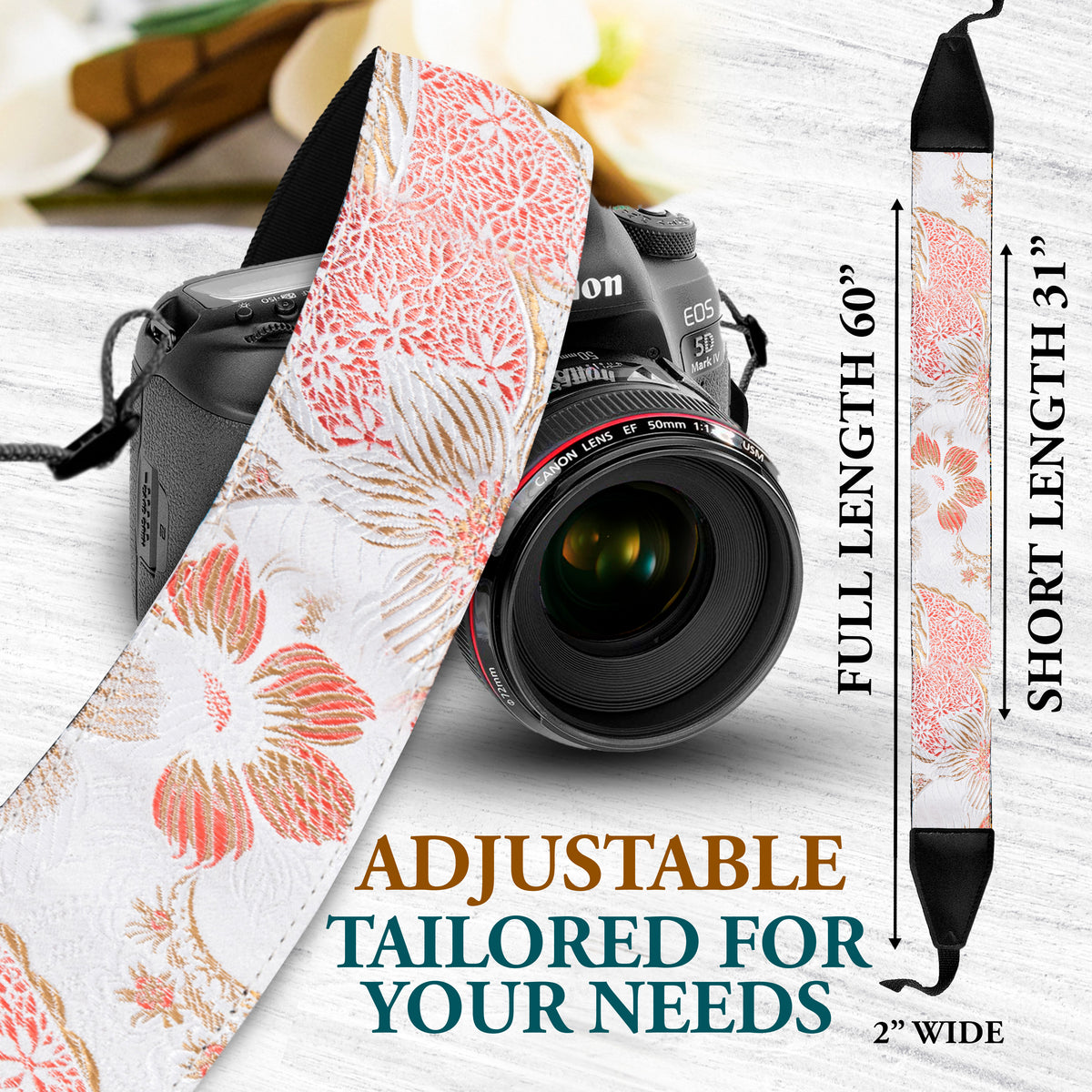 Tropical Sky Camera Strap for Canon and Nikon -White Pink Floral strap For DSLR camera