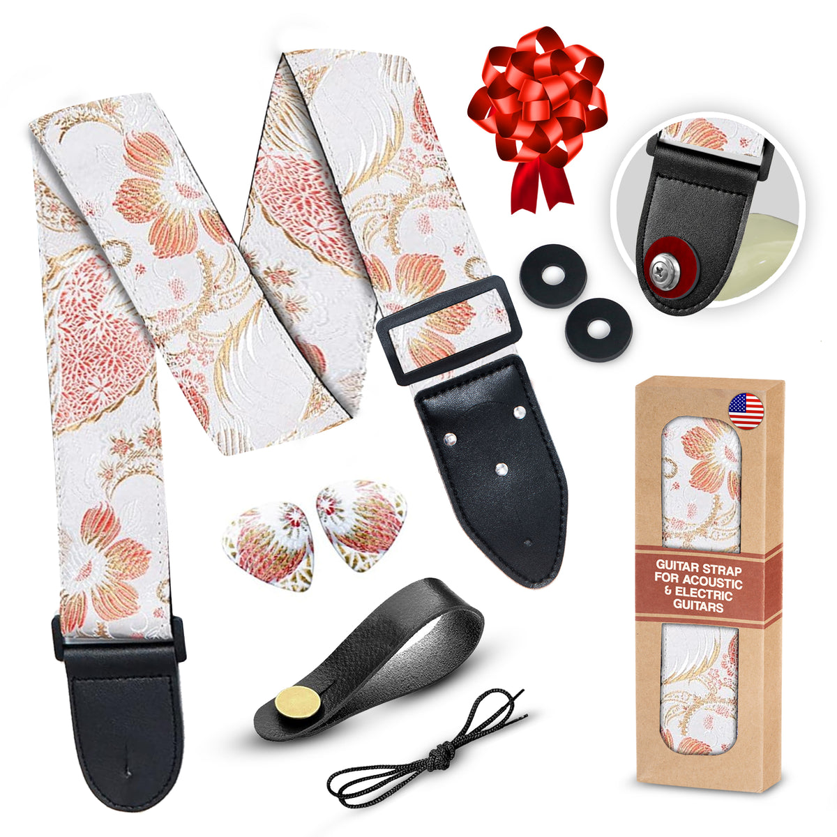 Guitar Strap Floral White Pink Tropical Sky - for Acoustic, Electric and Bass Guitars, Gift for Guitar Players and Musician