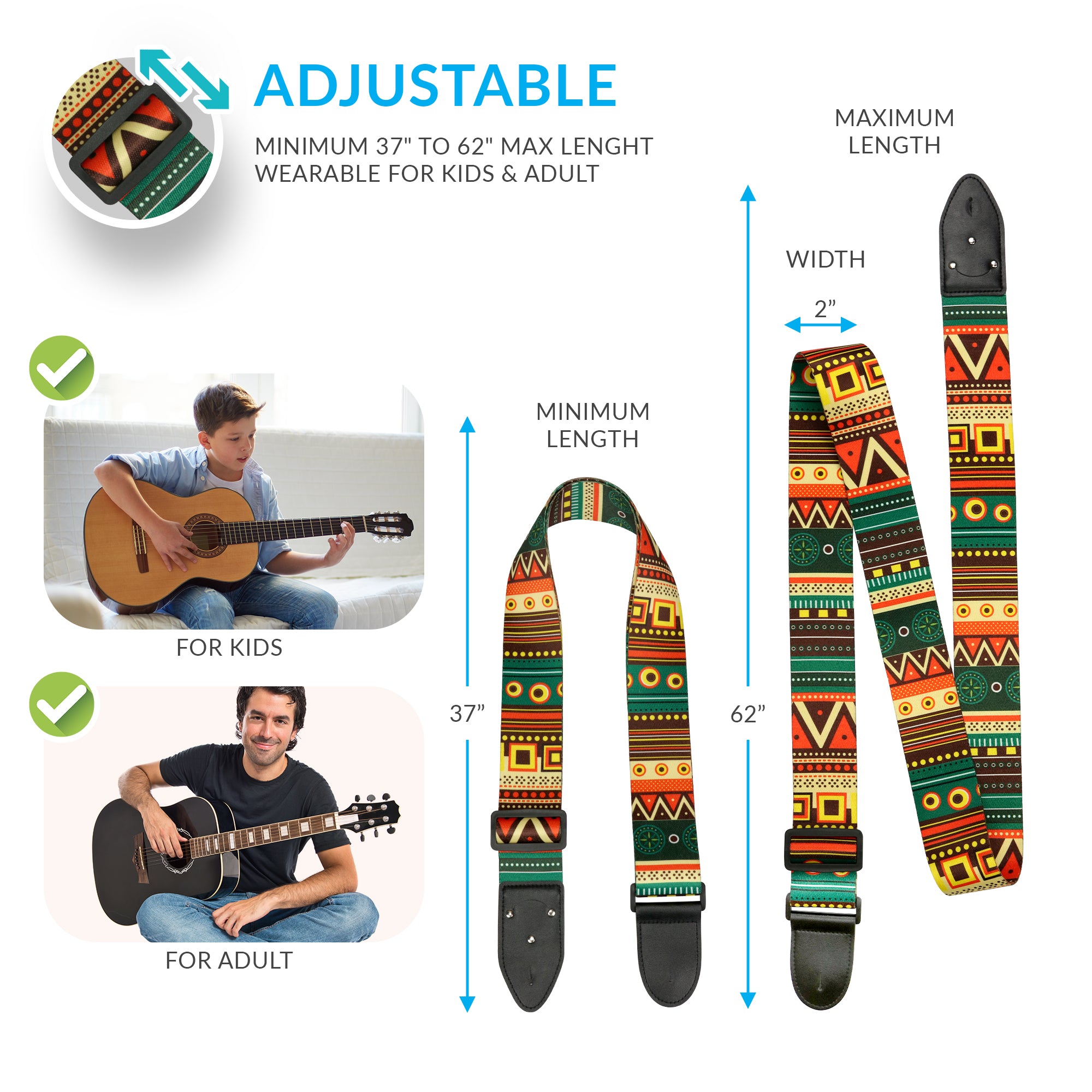 Aztec Guitar Strap- Vintage Guitar Strap Includes 2 Picks and Strap Lock