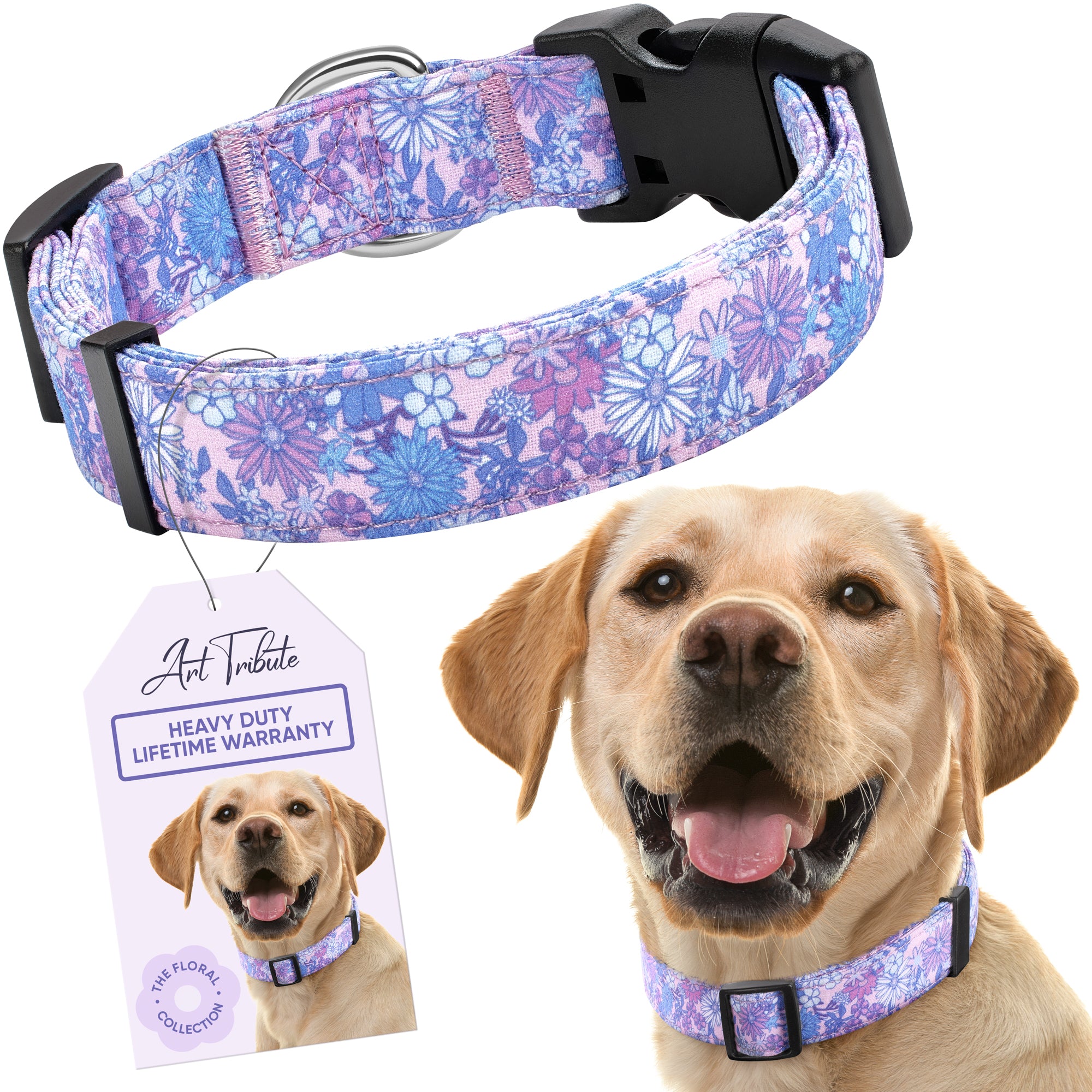 Violet Floral Dog Collar- Quick Release Durable and Strong Dog Collar for Small, Medium and Large Dogs