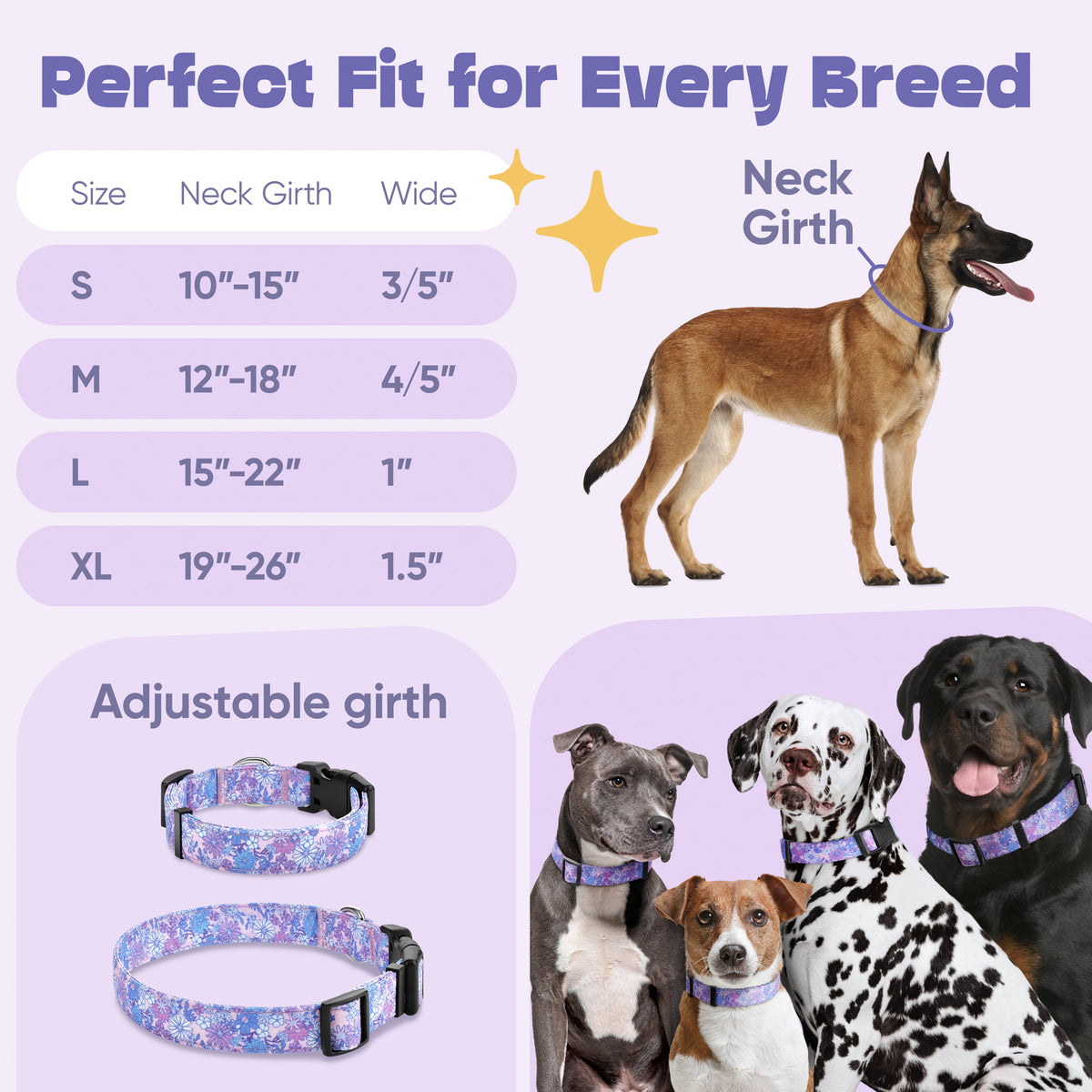 Violet Floral Dog Collar- Quick Release Durable and Strong Dog Collar for Small, Medium and Large Dogs