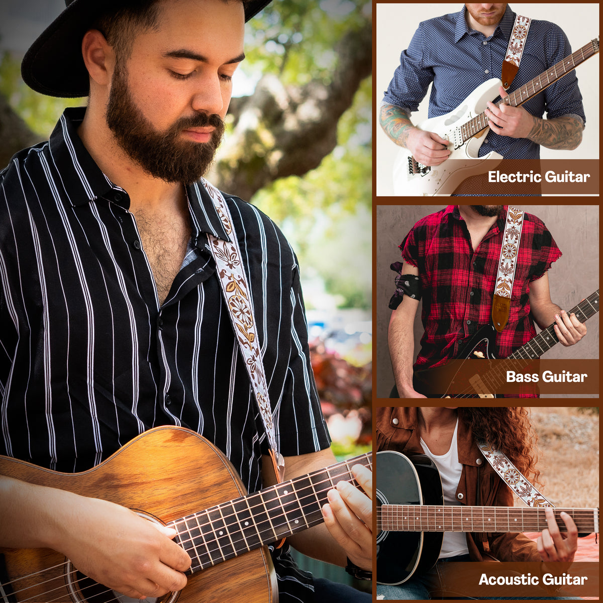 The WHITE BLOSSOM Guitar Strap - Adjustable Guitar Strap for Acoustic, Electric and Bass Guitar