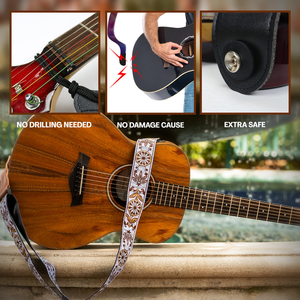 The WHITE BLOSSOM Guitar Strap - Adjustable Guitar Strap for Acoustic, Electric and Bass Guitar