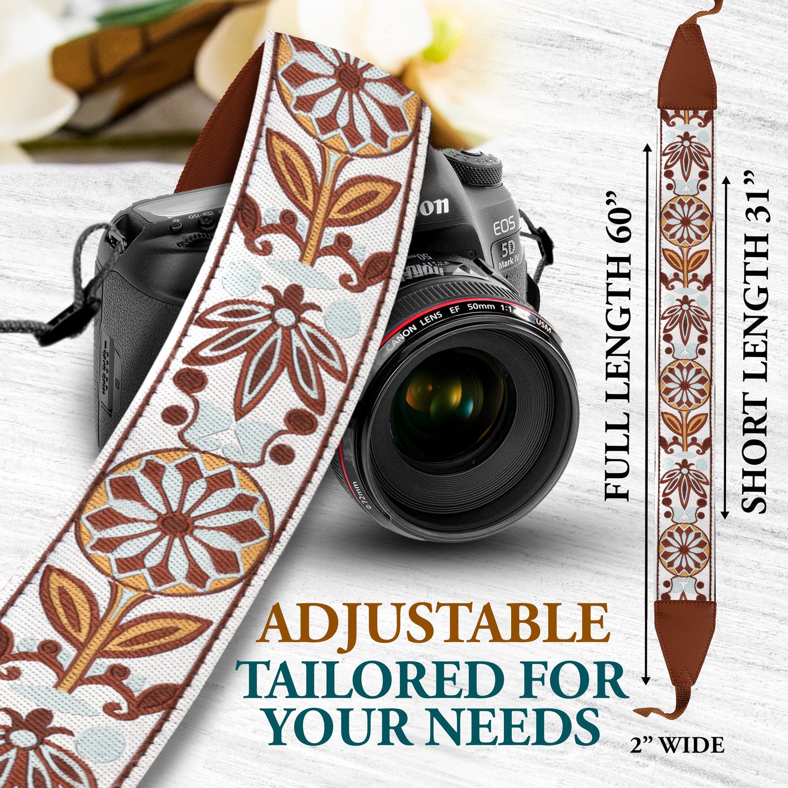 The WHITE BLOSSOM Camera Strap - Adjustable Camera Strap for Canon, Nikon, Sony and all kinds of DSLR Camera